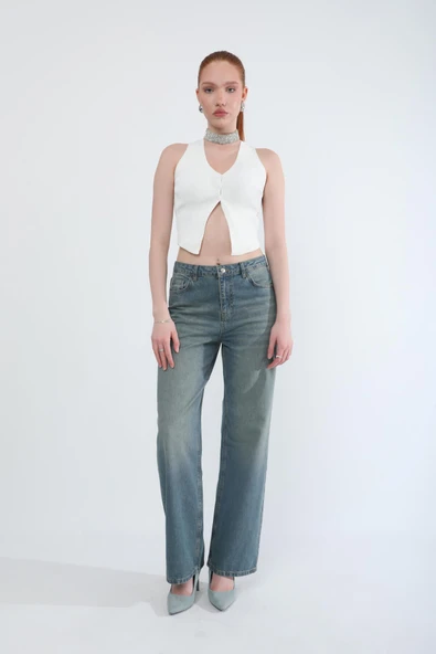 Kadın Yüksek Bel Straight Fit Tint Jean Pantolon