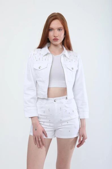 Kadın Taş Detaylı Fermuarlı Jean Ceket - 5