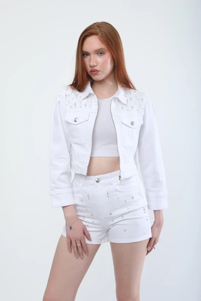 Kadın Taş Detaylı Fermuarlı Jean Ceket