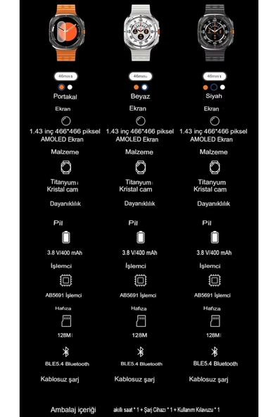 Watch Ultra Samsung Galaxy S25 Uyumlu Akıllı Saat 1.43 inç Kordon Hediyeli - Resim 4