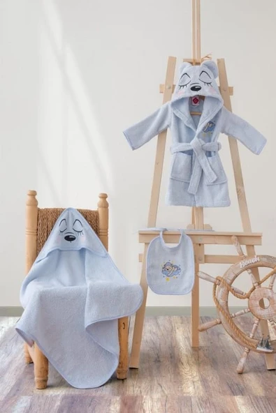 Cotton Box Bebek Bornoz Seti Bear Mavi