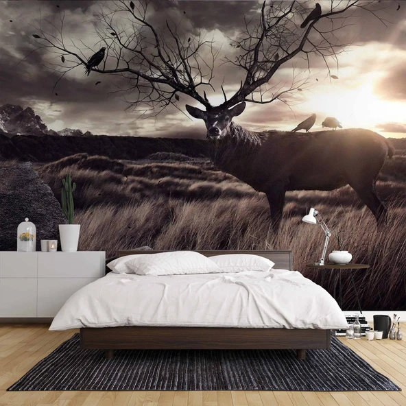 Gün Batımı Geyik ve Kuş Temalı Duvar Kağıdı - Resim 2