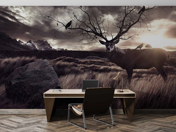 Gün Batımı Geyik ve Kuş Temalı Duvar Kağıdı - Resim 4