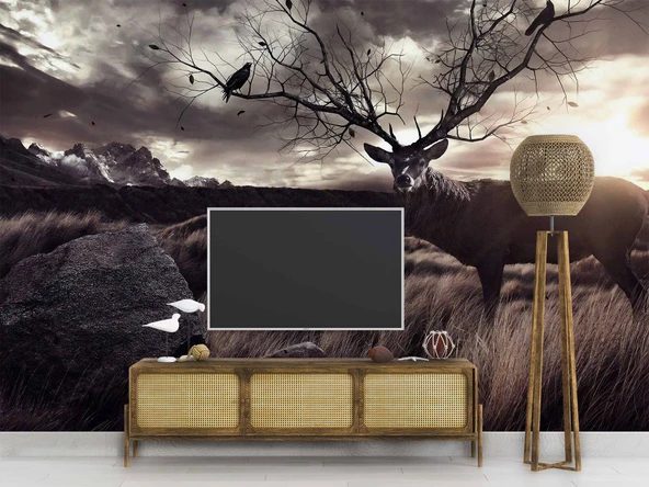 Gün Batımı Geyik ve Kuş Temalı Duvar Kağıdı - Resim 3