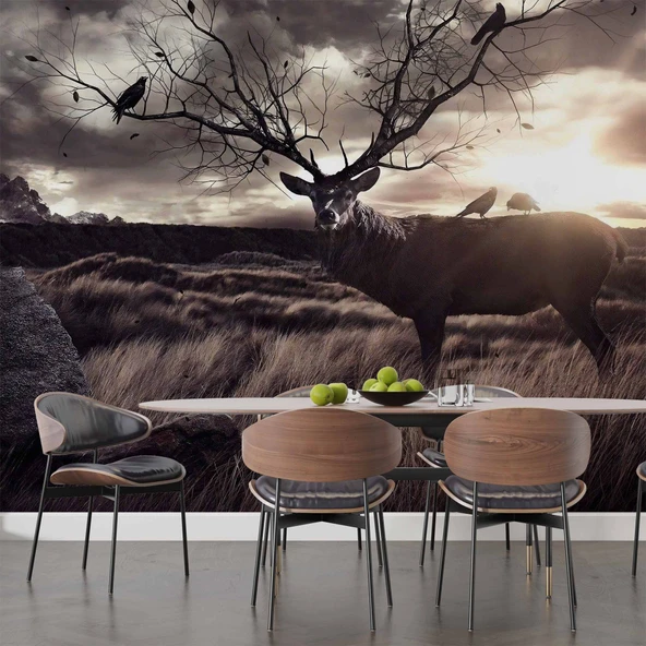 Gün Batımı Geyik ve Kuş Temalı Duvar Kağıdı - Resim 5