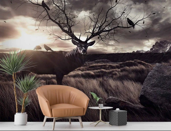 Gün Batımı Geyik ve Kuş Temalı Duvar Kağıdı - Resim 6