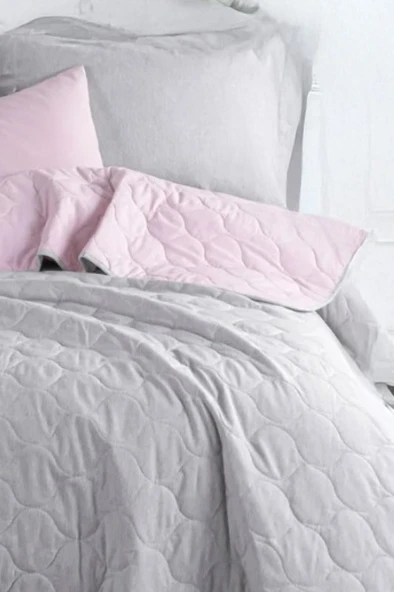 Upstyle Kapitone Yatak Örtüsü Seti Tek Kişilik Solid Pudra-Gri - Resim 3