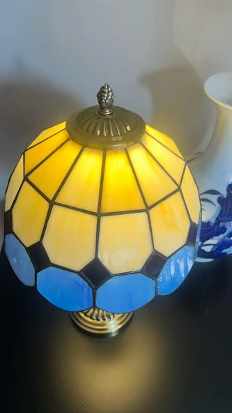 Yüceeller El Yapımı Eskitme Vitray Retro Barok Abajur Masa Lambası Oturma Yatak Odası Mavi beyaz - 3