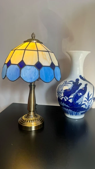 Yüceeller El Yapımı Eskitme Vitray Retro Barok Abajur Masa Lambası Oturma Yatak Odası Mavi beyaz