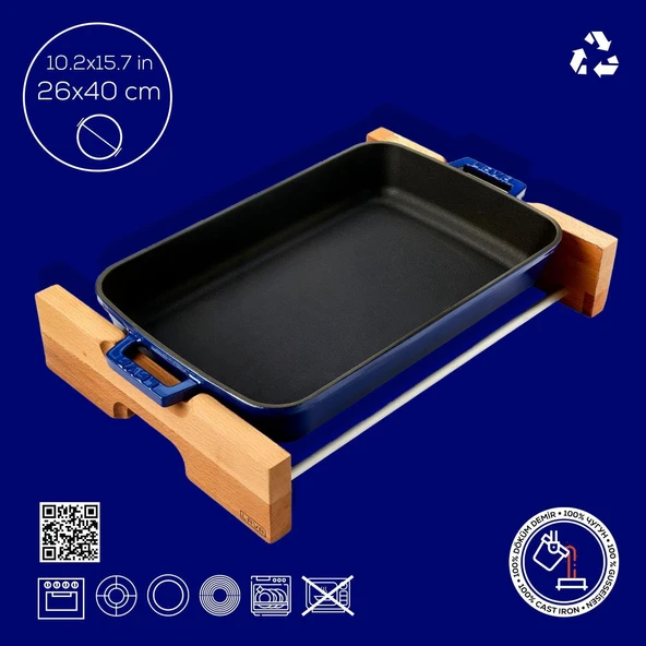 Lava LV P TP 2640 K4 B Ahşap Altlıklı 26x40 cm Mavi Döküm Dikdörtgen Fırın Tepsisi - 3