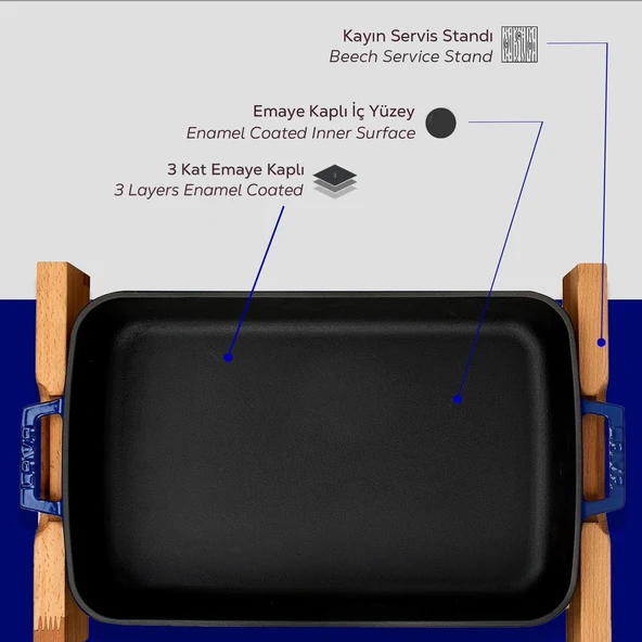 Lava LV P TP 2640 K4 B Ahşap Altlıklı 26x40 cm Mavi Döküm Dikdörtgen Fırın Tepsisi - 7
