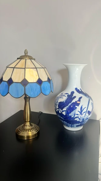 Yüceeller El Yapımı Eskitme Vitray Retro Barok Abajur Masa Lambası Oturma Yatak Odası Mavi beyaz - 2