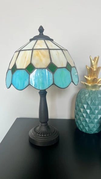 Yüceeller El Yapımı Vitray Retro Barok Abajur Masa Lambası Oturma Yatak Odası yeşil beyaz