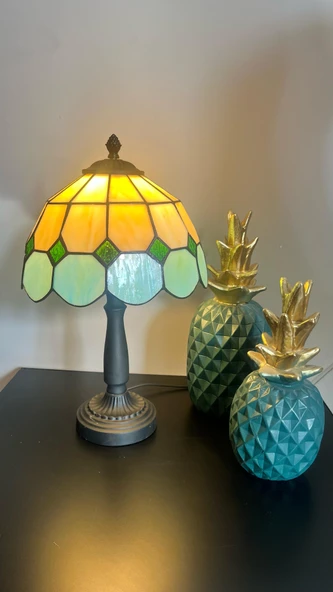 Yüceeller El Yapımı Vitray Retro Barok Abajur Masa Lambası Oturma Yatak Odası yeşil beyaz - 4