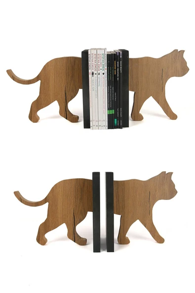 Kedi Figürlü Ahşap Dekoratif Kitap Tutucu 20 cm