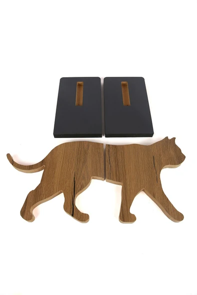 Kedi Figürlü Ahşap Dekoratif Kitap Tutucu 20 cm - 6