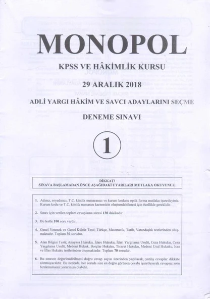 Monopol KPSS ve Hakimlik Kursu 29 Aralık 2018 Adli Yargı Hakim ve Savcı Adaylarını Seçme Deneme Sınavı ve Cevap Anahtarı 5 Fasikül Takım