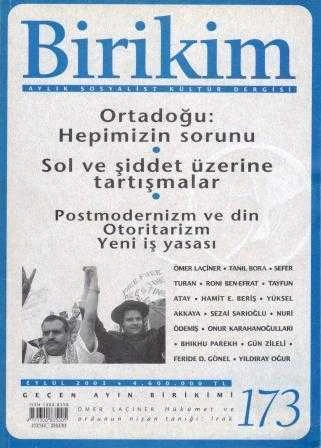 Birikim Aylık Sosyalist Kültür Dergisi Yıl: Eylül 2003 Sayı: 173 "Ortadoğu: Hepimizin Sorunu / Sol ve Şiddet Üzerine Tartışmalar / Postmodernizm ve Din Otoritarizm Yeni İş Yasası"