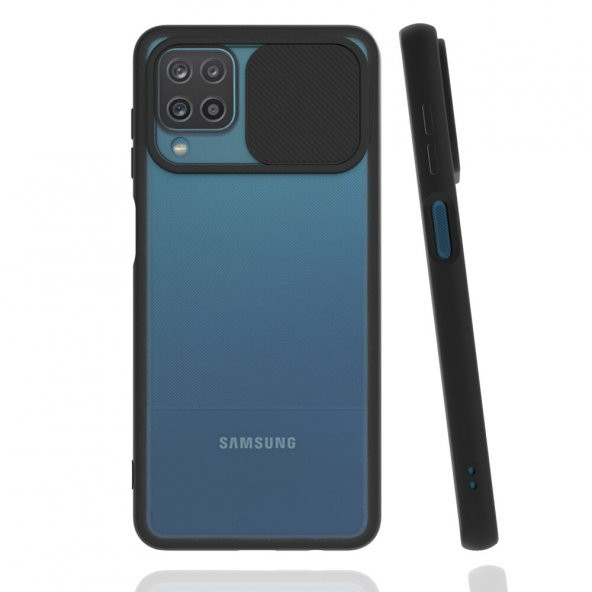 KNY Samsung Galaxy A12 Kılıf Silikon Kenarlı Kamera Korumalı Sürgülü Lensi Kapak Siyah