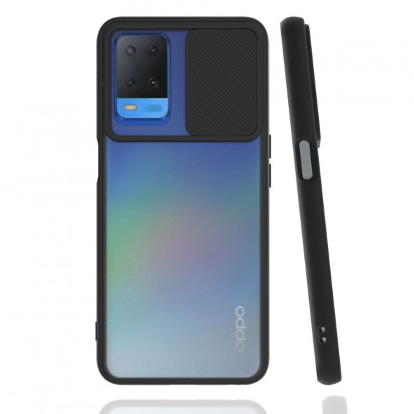 KNY OPPO A54 Kılıf Silikon Kenarlı Kamera Korumalı Sürgülü Lensi Kapak Siyah