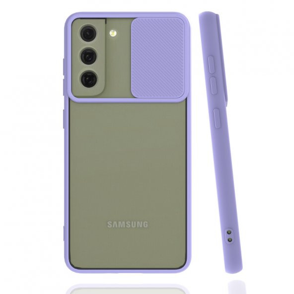 KNY Samsung Galaxy S21 FE Kılıf Silikon Kenarlı Kamera Korumalı Sürgülü Lensi Kapak Mor