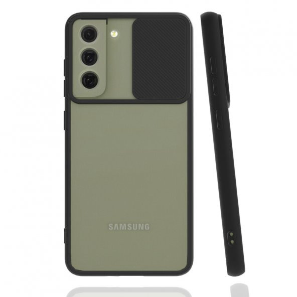 KNY Samsung Galaxy S21 FE Kılıf Silikon Kenarlı Kamera Korumalı Sürgülü Lensi Kapak Siyah