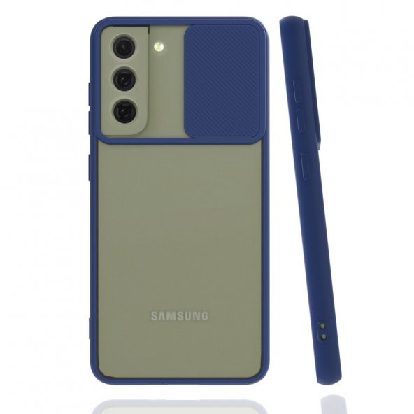 KNY Samsung Galaxy S21 FE Kılıf Silikon Kenarlı Kamera Korumalı Sürgülü Lensi Kapak Lacivert