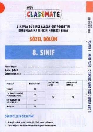 Classmate Yayınları 8. Sınıf Sınavla Öğrenci Alacak Ortaöğretim Kurumlarına İlişkin Merkezi Sınav / Sınav Denemesi 2 Sözel Bölüm B Kitapçığı