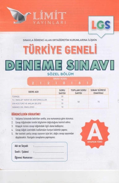 Limit Yayınları LGS Türkiye Geneli Deneme Sınavı Sözel Bölüm A Kitapçığı