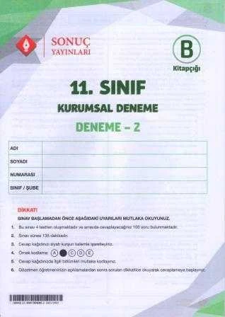 Sonuç Yayınları 11. Sınıf Kurumsal Deneme / Deneme 2 B Kitapçığı