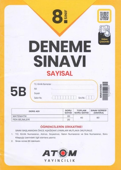 Atom Yayınları 8. Sınıf Sayısal Deneme Sınavı 5 B Kitapçığı