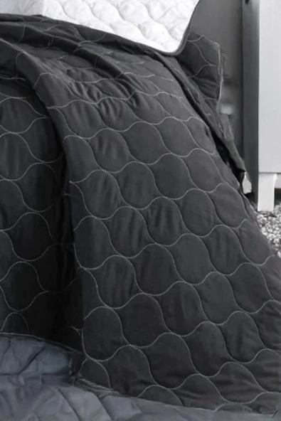 Upstyle Kapitone Yatak Örtüsü Seti Tek Kişilik Solid Siyah-Gri