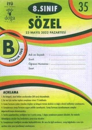 8. Sınıf Sözel B Kitapcık Türü Mayıs 2022 Deneme No: 35
