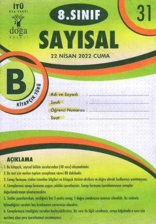 8. Sınıf Sayısal B Kitapcık Türü Nisan 2022 Deneme No: 31
