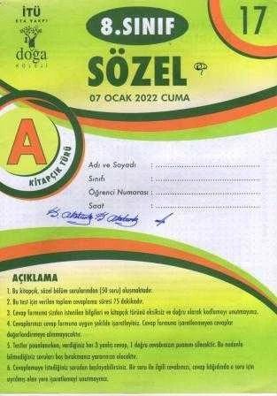 8. Sınıf Sözel A Kitapcık Türü Ocak 2022 Deneme No: 17