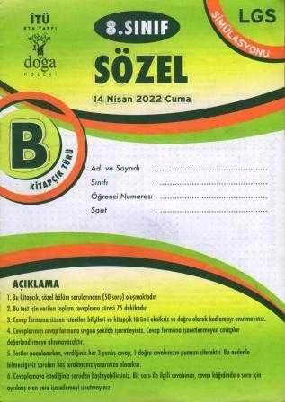 8. Sınıf Sözel B Kitapcık Türü Nisan 2022 LGS Simülasyonu