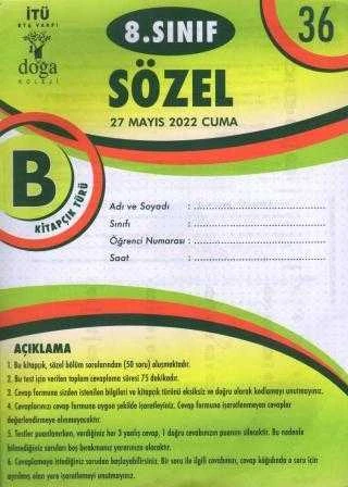8. Sınıf Sayısal B Kitapcık Türü Mayıs 2022 Deneme No: 36