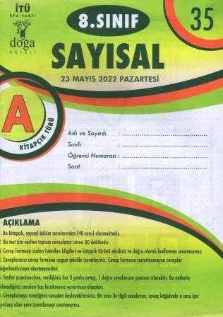 8. Sınıf Sayısal A Kitapcık Türü Mayıs 2022 Deneme No: 35