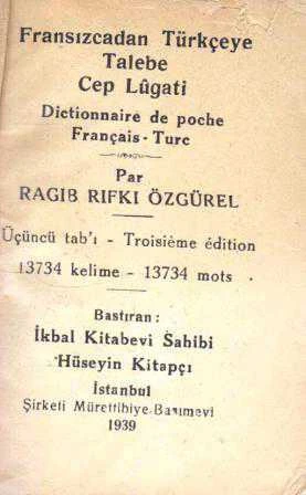 1939 Yılı Baskı - Fransızcadan Türkçeye Talebe Cep Lügati - Dictioanaire dePoche Français - Turc (13734 Kelime) (Sahaf - Yeni Gibi)