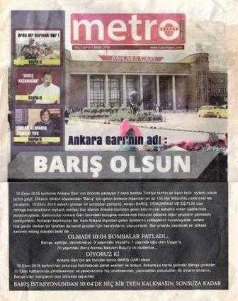 Metro Ankara Haber Gazetesi Sayı: 1 Ekim 2015 / Ankara Garı'nın Adı: BARIŞ olsun