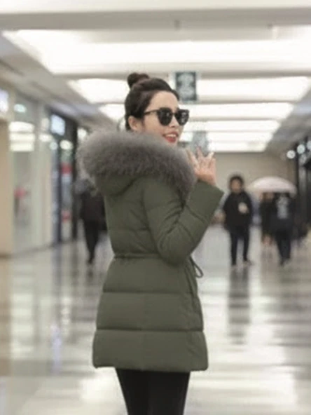 Kışlık Kürk Detaylı Orta Boy Kadın Şişme Mont co122haki2 - Resim 4