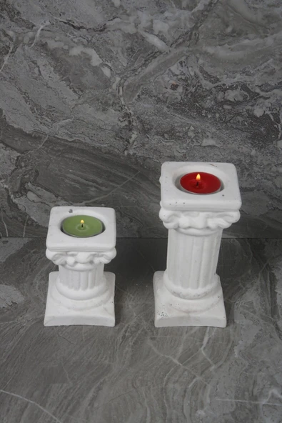 Dekoratif Antik Roma Sütun Şeklinde Beton Tealight Mumluk Set 2 Parça - 2