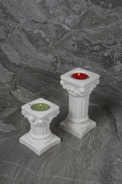 Dekoratif Antik Roma Sütun Şeklinde Beton Tealight Mumluk Set 2 Parça
