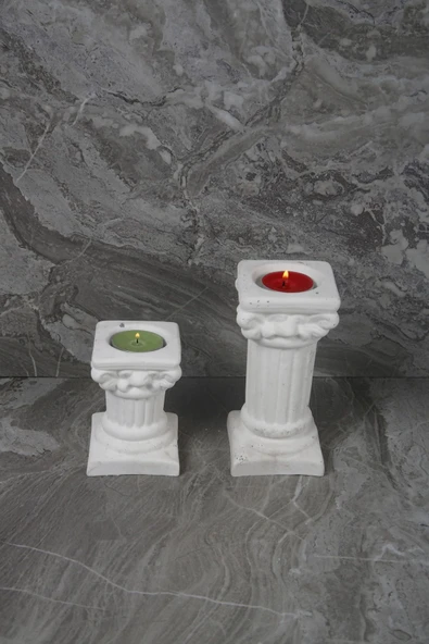 Dekoratif Antik Roma Sütun Şeklinde Beton Tealight Mumluk Set 2 Parça - 4