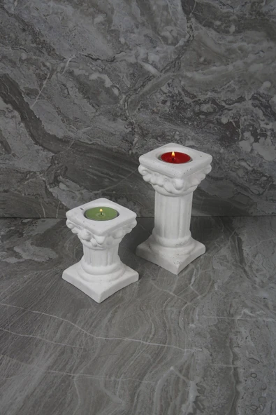 Dekoratif Antik Roma Sütun Şeklinde Beton Tealight Mumluk Set 2 Parça - 3