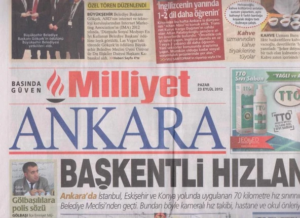 Milliyet Gazetesi Ankara Eki 23 Eylül 2012 Pazar Tam ve Eksiksiz