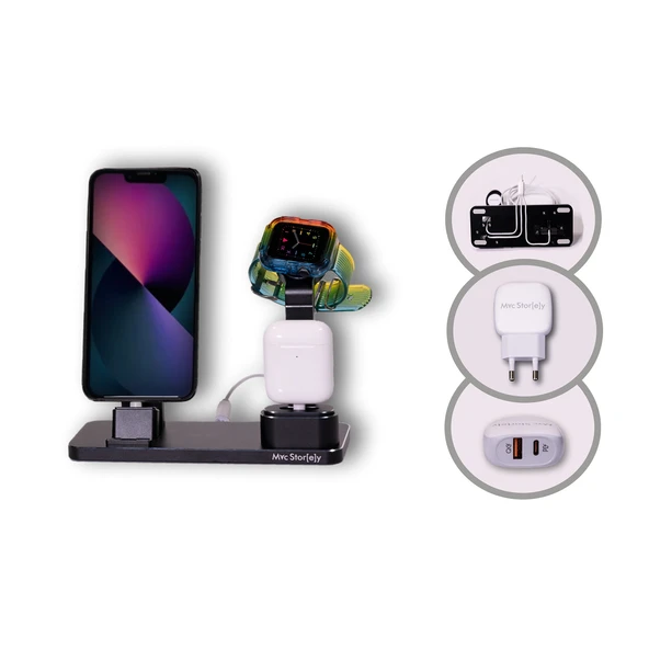 iPhone Şarj Aleti Apple Watch Şarj Aleti Çoklu Şarj İstasyonu 20W Adaptörlü Metal Şarj Standı - 6