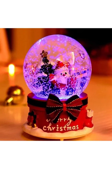 Yılbaşı Noel Baba Işıklı Müzikli Kar Küresi Yeni Yıl Noel Baba ve Çam Ağacı Temalı Kar Küresi 13 CM - 5