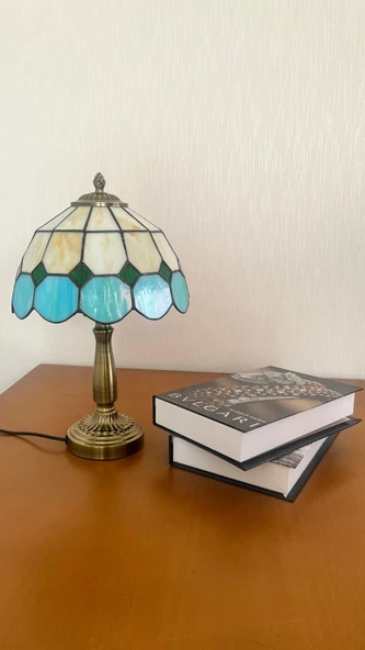 Yüceeller El Yapımı Eskitme Vitray Retro Barok Abajur Masa Lambası Oturma Yatak Odası Yeşil beyaz - 4