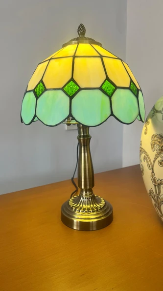 Yüceeller El Yapımı Eskitme Vitray Retro Barok Abajur Masa Lambası Oturma Yatak Odası Yeşil beyaz - 2